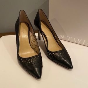 Ann Taylor Black Perforated Leather Pointed-Toe Heels